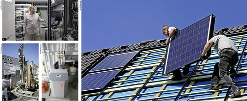 
1 
Bauherr Kewitsch inspiziert die Installationen und die Gesamtsteuerung in seinem Haustechnikraum.



2 
Bohrung für die Erdsonden. Sie speisen die Wärmepumpe im Gebäude.



3 
Die Wärmepumpe arbeitet leise und sauber. Sie nutzt Erdwärme zur Versorgung des Wohnhauses.



4 
Installation der Solarmodule auf dem Hausdach: Der Sonnengenerator bietet die Chance zur Selbstversorgung.
