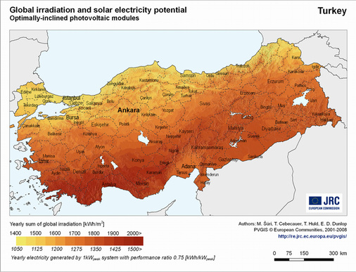<p>
</p>

<p>
Einstrahlungskarte für die Türkei: Sie zeigt, dass sich die Photovoltaik prinzipiell überall in diesem großen,trockenen und sonnenreichen Land anbietet.
</p> - © Grafik: JRC

