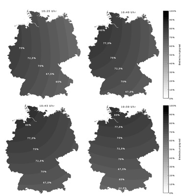 



Der Mond bedeckt die Sonne in verschiedenen Regionen unterschiedlich stark.
