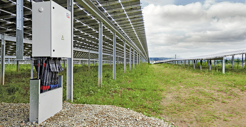 



Anordnung der String-Combiner-Box im Modulfeld: Sie ist unmittelbar bei den Solarmodulen installiert, um die Kabelwege möglichst kurz zu halten.
