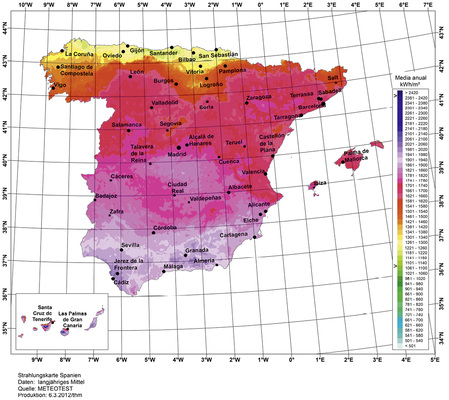 
Die Einstrahlungskarte von Spanien für die Jahre 1986 bis 2005 zeigt: Photovoltaik lohnt sich.
