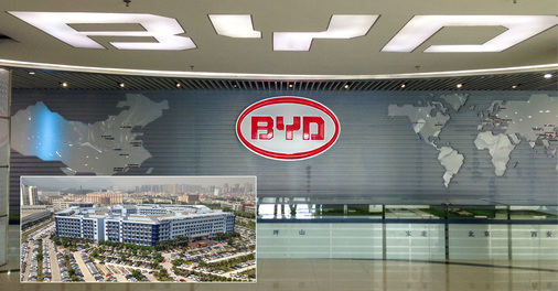 



Empfangssaal im Hexagon (kleines Foto), dem Firmensitz von BYD: Das Management hat den Weltmarkt im Blick.
