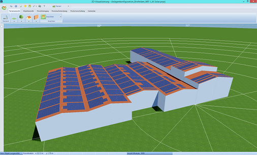 <p>
</p>

<p>
Die fünf Gebäude wurden für die Planung in 14 Einzelgebäude zerlegt. Bei gleicher Ausrichtung und Neigungder Module ist das ohne weiteres möglich.
</p> - © Grafiken: Windgate AG/Valentin Software

