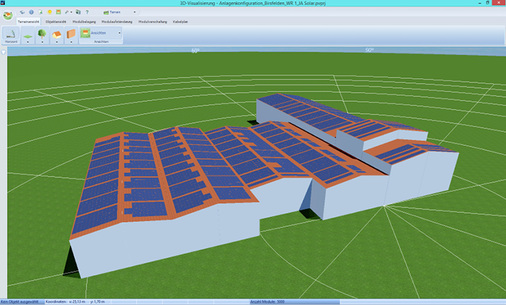 



Die fünf Gebäude wurden für die Planung in 14 Einzelgebäude zerlegt. Bei gleicher Ausrichtung und Neigungder Module ist das ohne weiteres möglich.
