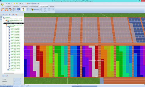 
Weil die Anlage mehr als 5.000 Module umfasst, wurde in der Planung mit Teilverschaltungen gearbeitet,um die optimale Belegung zu finden.
