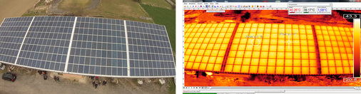 



So sieht die Anlage von oben aus, hier die Echtbildaufnahme und die Thermografieaufnahme nebeneinandergelegt. Die erste Vermutung bestätigt sich später in der Auswertung: Die Anlage ist tipptopp in Ordnung.
