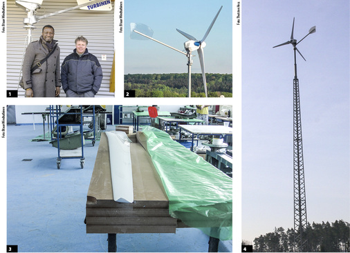 
1 
Weltweites Interesse an deutscher Kleinwindtechnik: Rüdiger Braun und sein Vertriebspartner in Ghana. 



2
 Ohne Getriebe: Die Antaris mit 4,5 Kilowatt Leistung.



3
 Fertigung der Rotorblätter für die Antaris-Baureihe. Die Blätter bestehen aus GFK-Verbund.



4
 Die Anlage in Mittelfranken auf einem 24 Meter hohen Mast.
