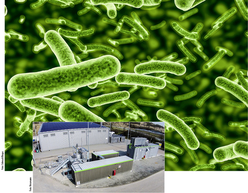 
Das biologisch erzeugte Methan wird in Allendorf ins Gasnetz eingespeist. In einem separaten Druckbehälter (Bild links, mit Aluleiter) arbeiten die Mikroben.
