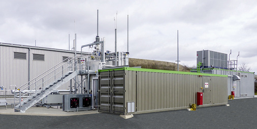 



Der Elektrolyseur mit einer Leistung von bis 400 Kilowatt steht rechts außen, obendrauf ist die Kühlung.
