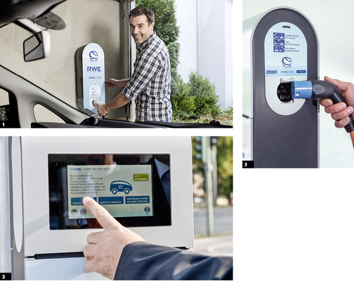 



1
 Einbausituation der E-Box in der Garage: Sie ist so flach, dass die Breite der Zufahrt nicht beeinträchtigt wird.



2
 Diese Ladesäule wurde zur freien Aufstellung beispielsweise auf einem Parkplatz oder im Straßenraum entwickelt: Der Touchscreen erlaubt den öffentlichen Zugriff.



3
 Das Steckersystem der E-Box und der Ladesäule ist genormt (Typ 2), sodass jeder Fahrzeugtyp angeschlossen werden kann. Fehlerhafte Bedienung ist faktisch ausgeschlossen.
