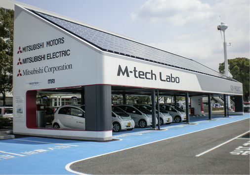 <p>
</p>

<p>
Teststation von Mitsubishi, in der Solarmodule und mobile Stromspeicher für Elektroautos kombiniert wurden.
</p> - © Foto: Mitsubishi


