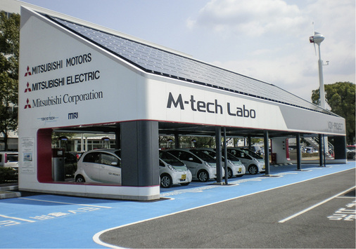 



Teststation von Mitsubishi, in der Solarmodule und mobile Stromspeicher für Elektroautos kombiniert wurden.

