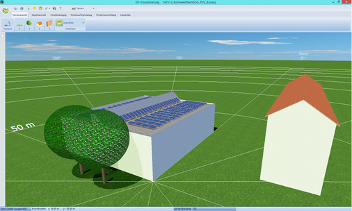 



Im Süden wird das Gebäude durch zwei Bäume verschattet. Der Kuppelaufbau in der Mitte wirft ebenfalls Schatten: vormittags auf die westliche Dachhälfte, nachmittags auf die östliche. 
