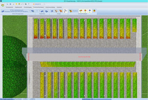 
In dieser Simulation ist erkennbar, wie die Schatten der Bäume und des Kuppeldaches die Direkteinstrahlung mindern.
