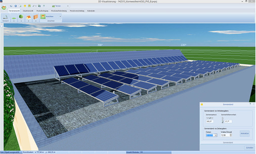 



Nicht der Baumschatten steht hier im Mittelpunkt der Betrachtung, sondern die Schatten der Modulreihen. Die Abstandsberechnung erfolgt auf Basis des niedrigsten Sonnenhöchststandes des Jahres.
