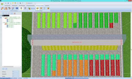 
Die Verschaltung der Module folgt der Simulation der Direkteinstrahlungsminderung. Die Module mit ähnlichen Schattensituationen sind jeweils auf einen MPP-Tracker geschaltet.
