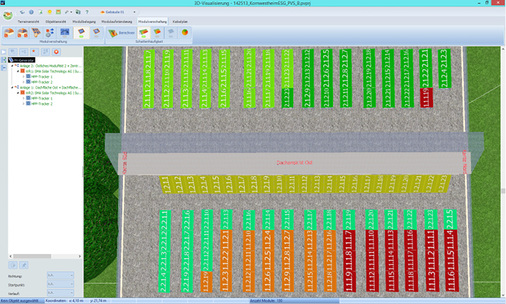<p>
Die Verschaltung der Module folgt der Simulation der Direkteinstrahlungsminderung. Die Module mit ähnlichen Schattensituationen sind jeweils auf einen MPP-Tracker geschaltet.
</p>