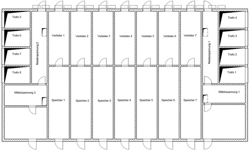 <p>
</p>

<p>
Der Grundriss des Regelkraftwerks zeigt sieben einzelne Räume für die Batterieakkus.
</p> - © Grafik: Energiequelle

