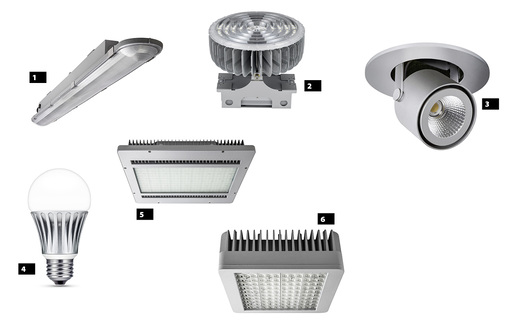



Verschiedene Bauformen von LED-Lampen für vielseitige Anwendungen in Wohngebäuden, in Unternehmen und kommunalen Immobilien. Weil die LEDs faktisch keine Wärmeverluste aufweisen, sind sehr kompakte und leuchtstarke Produkte in vielfältigen Farben möglich: 



1
 Stablampe Tada von Sharp,



2
 gewerblicher Rundstrahler High-Bay Bell von LG,



3
 drehbare Deckenleuchte von Sharp,



4
 Leuchtmittel zum Einbau in den üblichen Schraubsockel einer Glühlampe (LG),



5
 Flachstrahler Kato L von Sharp,



6
 Flachstrahler Kato S von Sharp im besonders robusten Aluminiumgehäuse.
