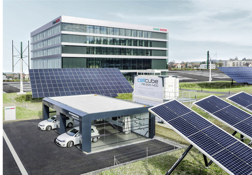 <p>
Der Hauptsitz des Konzerns DMG Mori in der Schweiz. Das Konzept des Standorts stellt sicher, dass mit grünem Strom geladen wird.
</p>