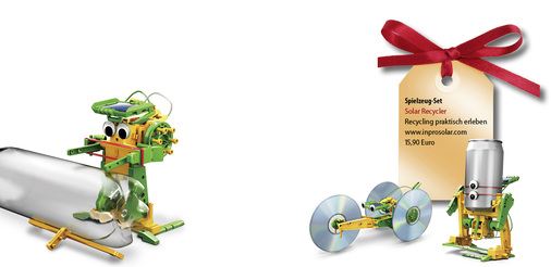
Sechs Modelle umfasst dieses Set. Der Recycler Robot managt die Wertstoffsammelstelle, Robby, der Trommler, weckt Sie morgens bei Sonnenschein. Eine Solardrohne zieht ihre Kreise, ein Formel-1-Auto sorgt für Fahrspaß, eine Walze aus Dosen hilft beim Straßenbau, und eine Flaschenpost mit Solarantrieb überbringt einen Liebesbrief von Mutter Erde. Recycling praktisch erleben, das ist das Motto dieser Spielidee. Alte Flaschen, Dosen und CDs finden hier ein Leben nach der ersten Verwendung. Dank Solartechnik versetzt der Antrieb jedes Modell in Bewegung, zum Nulltarif ohne Energiesteuer.
