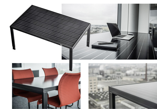 



Schreibtisch mit Platte aus einem aufgearbeiteten Modul. Das produziert wieder Strom, jetzt beispielsweise für Mobilgeräte. 
