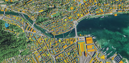 <p>
</p>

<p>
So sieht das solare Potenzial von Luzern im neuen Solarkataster aus. Die dicht besiedelten Gebiete der Schweiz mit etwa 4,5 Millionen Dachflächen können ab sofort differenziert betrachtet werden.
</p> - © Grafik: BFE/swisstopo

