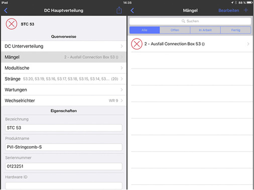 



Detail zu einer DC-Hauptverteilung mit Querverweisen auf Mängel und auf angeschlossene Stränge und Wechselrichter.
