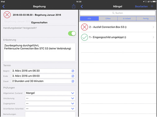 
Begehung mit Checkbox, Beschreibung, Termin und Prüfungs-Dropdowns, Mängelliste.

