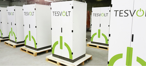 



Zum Versand vorbereitete Lithiumspeicher von Tesvolt im Werk in Kroppstädt.
