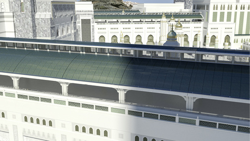 
Vier Fußgängerbrücken in Mekka werden mit gewölbten, farbigen Modulen von Sunovation überdacht: insgesamt eine Fläche von 12.800 Quadratmetern.



