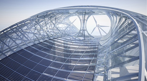 



Im oberen Drittel des kasachischen Pavillons für die Weltausstellung 2017 in Astana werden die Module in einen Luftkanal integriert. An dessen Ende sitzen noch zwei Windräder. 
