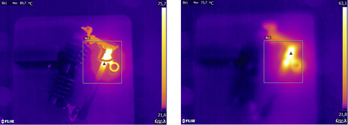 
Abbildung 2: Fokussiertes Wärmebild links mit Maximaltemperatur Tmax = 89,7 Grad Celsius und nicht fokussiertes Wärmebild rechts mit Maximaltemperatur Tmax = 73,7 Grad Celsius.

