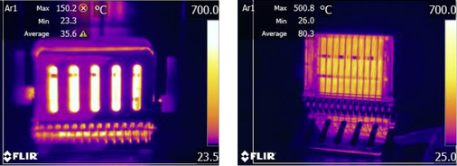 <p>
Abbildung 5: Aufnahme desselben Objektes mit verschiedenen Temperaturbereichen: -20 bis 120 Grad Celsius (links) und 0 bis 650 Grad Celsius (rechts). Die Temperatur im linken Bild wird mit einem Warnhinweis (roter Kreis mit weißem Kreuz) angezeigt, da dieser Messwert außerhalb des kalibrierten Bereichs liegt.
</p>