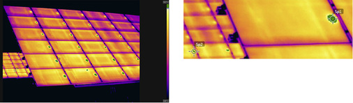 <p>
Abbildung 8: Übersichtsbild links, vergrößerter Ausschnitt rechts. Der Messpunkt (SP1) auf dem näher gelegenen Panel bedeckt die zu messende Stelle. Auf dem weiter entfernten Panel ist der Messpunkt (SP2) nicht vollständig ausgefüllt.
</p>