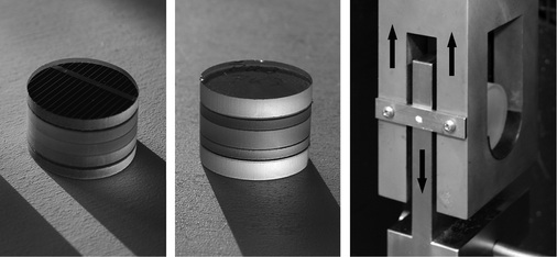 
Die Prüfkörper für die Scherversuche wurden aus Laminaten mit kristallinen Zellen (links) und CIGS-Foliensolarzellen (Mitte) geschnitten.
