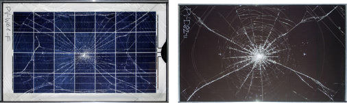 
Ziel des Kugelfalls war eine Worst-case-Schädigung mit durchlaufenden Rissen zu allen Glaskanten: links ein kristallines Modul, rechts ein Dünnschichtmodul.
