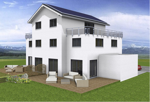 
Ansicht des Mehrfamilienhauses zum Garten hin.



