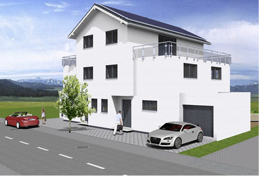 
Straßenansicht des geplanten Neubaus. Elektromobilität wurde integriert.
