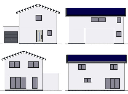 



Zur Wohnsiedlung gehöriges Gebäude für eine Mietpartei. Oben links die Nordseite, daneben die Ostseite mit der Garage, unten rechts die Westseite und links daneben die Südfront des Hauses. Nach Süden wurden große transparente Flächen eingeplant, um möglichst viele solare Gewinne ins Haus zu leiten. Zur Abschattung im Sommer wäre ein solares Vordach möglich. Die Dächer nach Osten und Westen werden mit Photovoltaik voll ausgenutzt. Die Überschüsse gehen ins Netz und werden in der Senec Cloud für den Winter deponiert.
