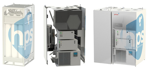 



Tank für Wasserstoff (links), Brennstoffzelle mit Elektrolyseur (Mitte) und Picea-Kompaktgerät mit Batterien.
