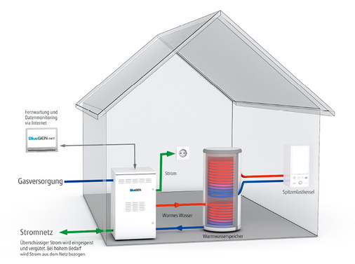 <p>
</p>

<p>
Schema der Einbindung einer gasbetriebenen Brennstoffzelle für Strom und Abwärme.
</p> - © Grafik: Bluegen

