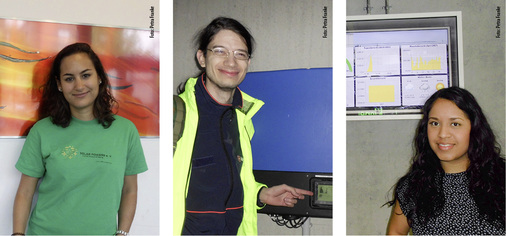 
Marina Braun (links) hat unter anderem die Finanzierung der Anlage auf die Beine gestellt. Jan Reuter (Mitte) hatte schon 2010 den ersten Anlauf für eine universitäre Solaranlage unternommen. Andrea Ruiz Lopez (rechts) als Vorsitzende des Betreibervereins ist stolz auf das Erreichte.
