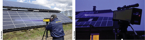 
Funktionsweise des Laserprojektors bei Tag (links) und bei Nacht. Dadurch wird der Prüfer unabhängig von den Einstrahlungsbedingungen.
