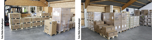 
Blick in die Warenlager von EWS in Handewitt. Neben Solarmodulen, Wechselrichtern und Montagegestellen spielen Stromspeicher zunehmend eine Rolle.
