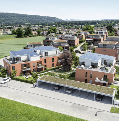 



Das Projekt Ecoviva in Niederlenz: Versorger Energie 360 Grad betreibt die Solaranlagen, die die Haushalte samt Wärmepumpe und Elektroauto versorgen. 
