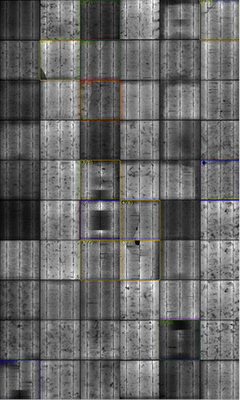 <p>
</p>

<p>
Dieses Modul war bereits zwei Jahre in Betrieb. Die dunklen Zellen sind degradiert. Außerdem sind Mikrorisse und mangelhafte Lötverbindungen sichtbar. Die Lötprobleme haben bereits zur elektrischen Abtrennung geführt (Zelle 3/6 blau umrandet). Diese Mängel werden erst nach einiger Betriebszeit sichtbar.
</p>

<p>
MBJ hat gemeinsam mit dem TÜV Süd einen Bewertungskatalog für Module erarbeitet, der von den Herstellern akzeptiert wird. Darin werden Prüfmethoden und die Einordnung der Ergebnisse in kurzer, verständlicher Form definiert. 
</p> - © Foto: MBJ Services


