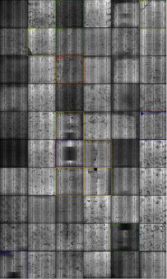 



Dieses Modul war bereits zwei Jahre in Betrieb. Die dunklen Zellen sind degradiert. Außerdem sind Mikrorisse und mangelhafte Lötverbindungen sichtbar. Die Lötprobleme haben bereits zur elektrischen Abtrennung geführt (Zelle 3/6 blau umrandet). Diese Mängel werden erst nach einiger Betriebszeit sichtbar.



MBJ hat gemeinsam mit dem TÜV Süd einen Bewertungskatalog für Module erarbeitet, der von den Herstellern akzeptiert wird. Darin werden Prüfmethoden und die Einordnung der Ergebnisse in kurzer, verständlicher Form definiert. 
