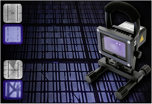 



Links im Bild jeweils eine Fluoreszenzaufnahme mit UV-Bestrahlung (blau) und darüber eine Elektrolumineszenzaufnahme (grau).
