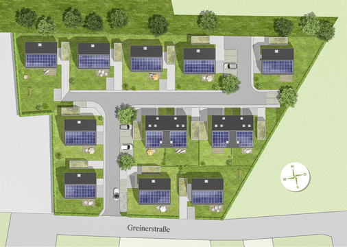 



Einfamilienhäuser und Doppelhäuser wechseln sich in der neuen Siedlung ab. Die Photovoltaik bildet den Grundpfeiler der Energieversorgung.
